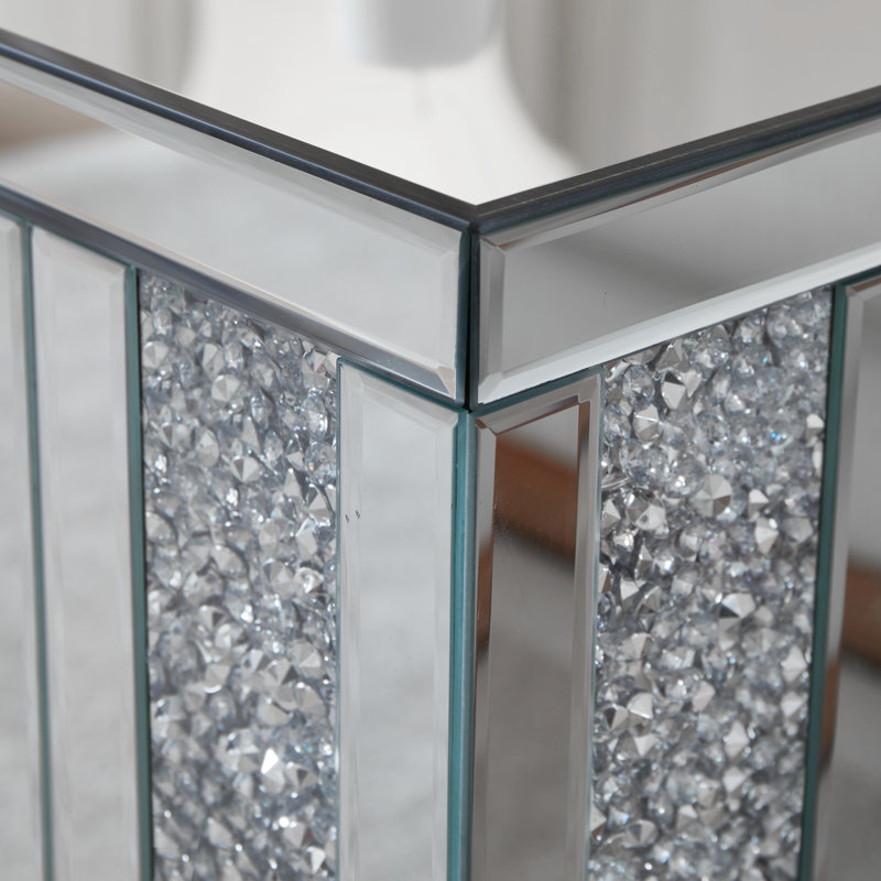 Crushed Diamond Side Table - Mirrored Accent End Table & Sofa Table for Living Room Decor, Crystal Inlaid Silver Nightstand with Glass Top for Bedroom