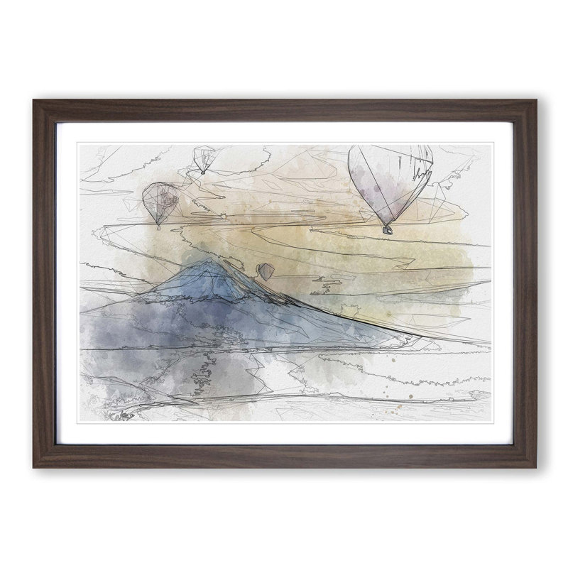 Hot Air Balloons Above Mount Fuji in Abstract - Picture Frame Graphic Art Print, Walnut Framed, 62cm H x 87cm W x 2cm D