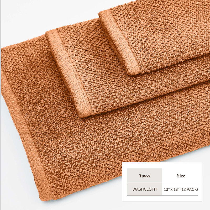 100% Cotton Textured Bath Sheet, Washcloth - 12 Pack, Clay