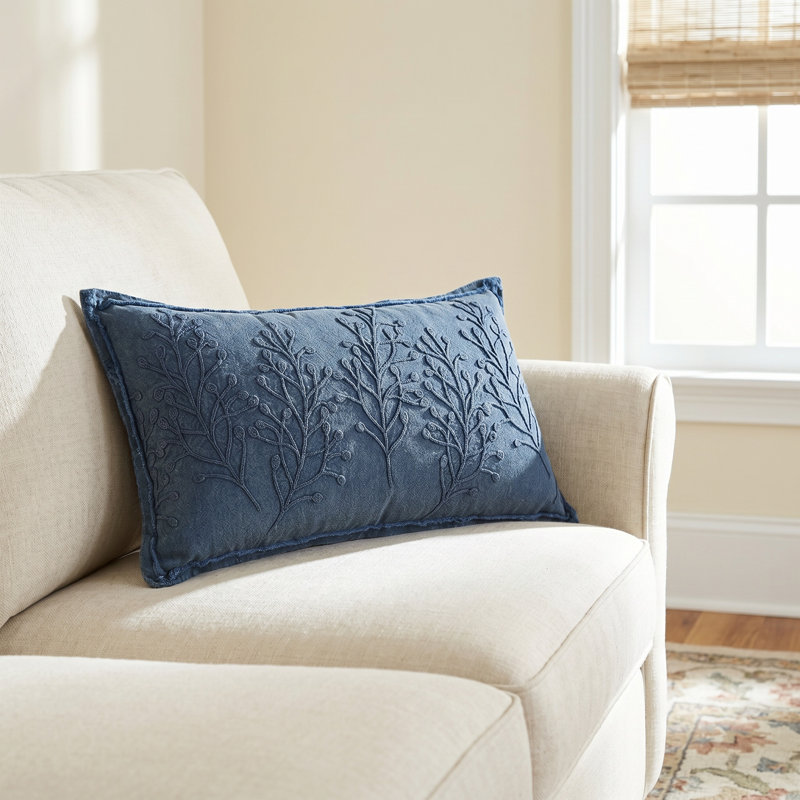 Hollin Embroidered Cotton Reversible Throw Pillow, Navy
