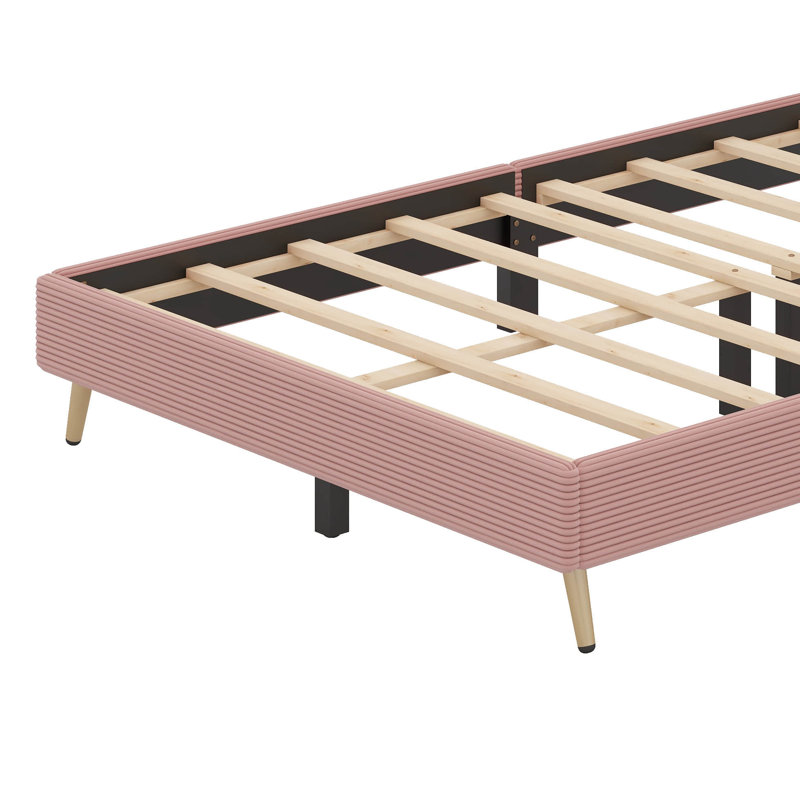 Structure de lit tapissier pour grand lit avec tête de lit à rayures horizontales, Rose