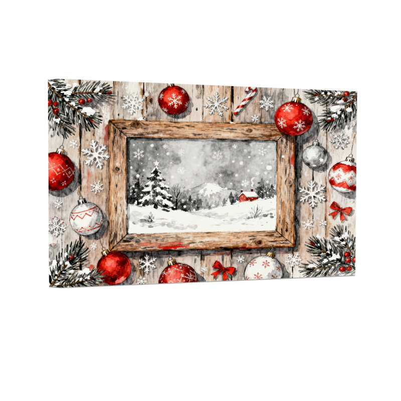 Noël, cadre de Noël, scène d'hiver, ornements, flocons de neige, branches de pin, H 12 po x l 18 po