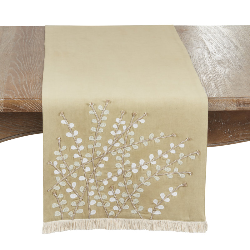 Embroidered Botanical Table Runner – Lined Decorative Table Runner with Fringe for Dining & Console Tables, 16"x72", Green