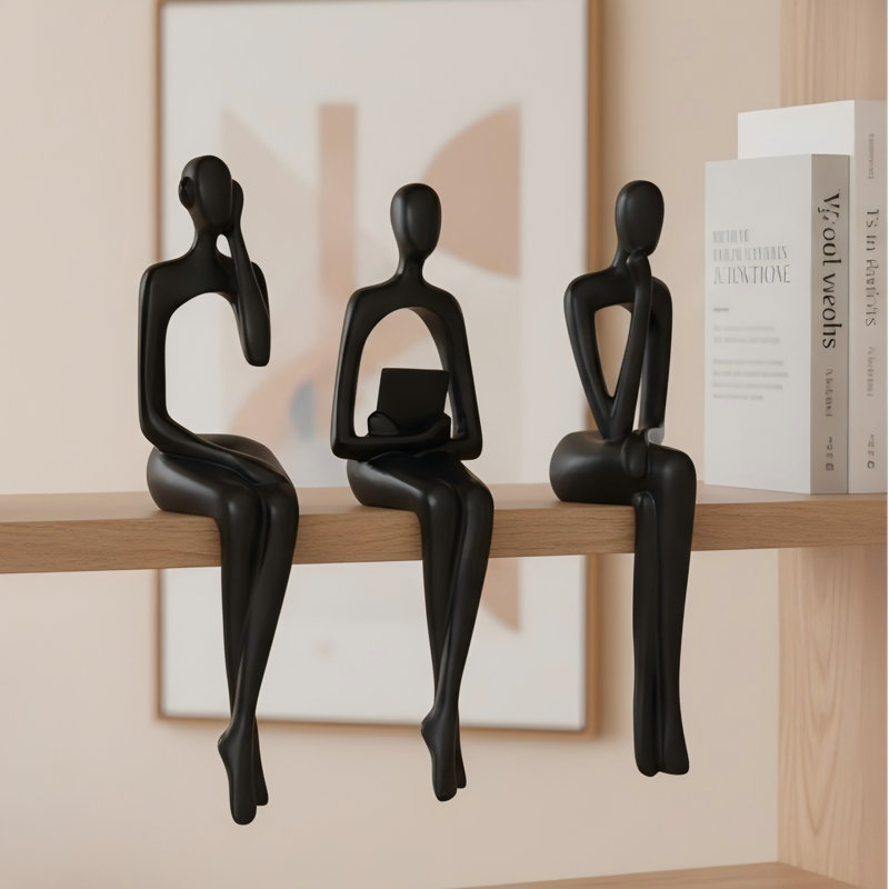 3pcs Modern Minimalist Human Figure Sitting Pose Resin Ornaments,, Black