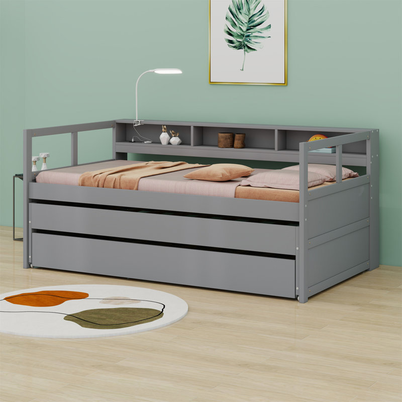 Lit de jour avec 2 lits gigognes, tablettes de rangement, 1 lumière gratuite et conception de chargement USB, Gris