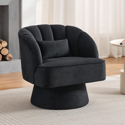 Fauteuil demi-tonneau moderne en velours avec dossier rayé, accoudoirs moelleux, base à 360 degrés et structure en bois