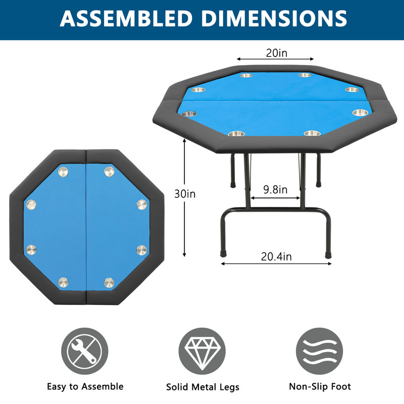 Table de poker octogonale pliable, table de 8 joueurs de Texas Holdem Blackjack, bleu, pieds en acier et porte-gobelets profonds, table de jeu de casino pour la maison et les fêtes