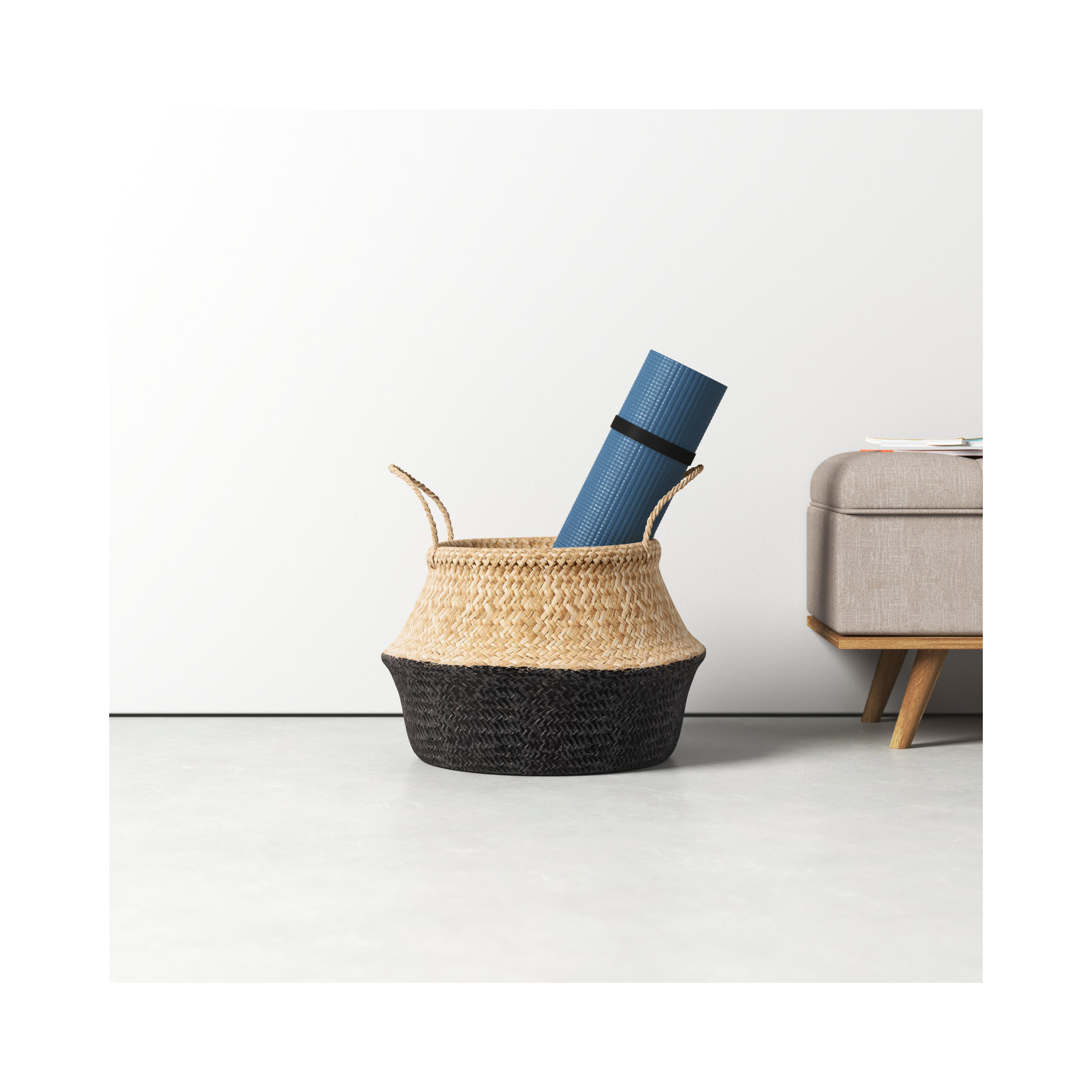 Handmade Seagrass Basket With Handles 1, 13.5" H x 19.5" W x 19.5" D, Natural/Black
