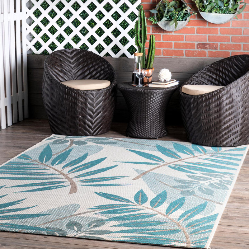 Rowley Leaf Teal/Ivory Indoor/Outdoor Area Rug, Rectangle 7'10" x 11'2"