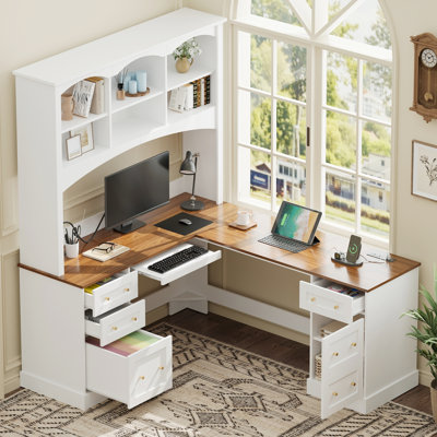 Bureau d'ordinateur en L peu encombrant avec plateau à clavier et stations de recharge, bureau d'angle en noyer de ferme avec huche arquée, bureau personnel tout-en-un avec tiroirs classeurs pour bureau, blanc