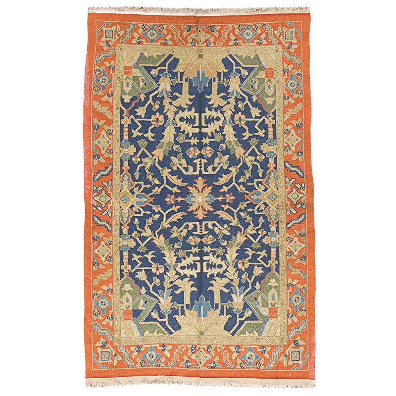 Tapis bleu et rouille de haute qualité noué à la main