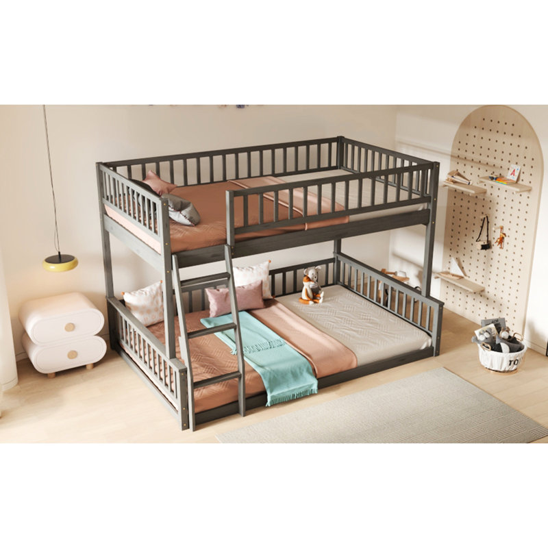 Lit double superposé au-dessus d'un grand lit double, gris - détachable pour une installation personnalisée offrant un soutien solide et un sommeil réparateur