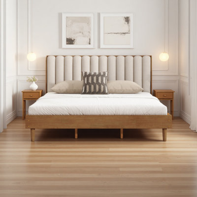 Lit en bois avec tête de lit tapissier et base de lit renforcée