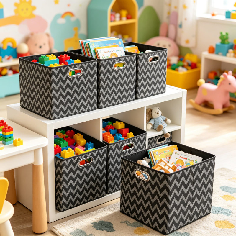 Bac de rangement pliable en tissu avec poignées et conception imprimée, 13 x 13 x 13 pouces, paquet de 3, noir
