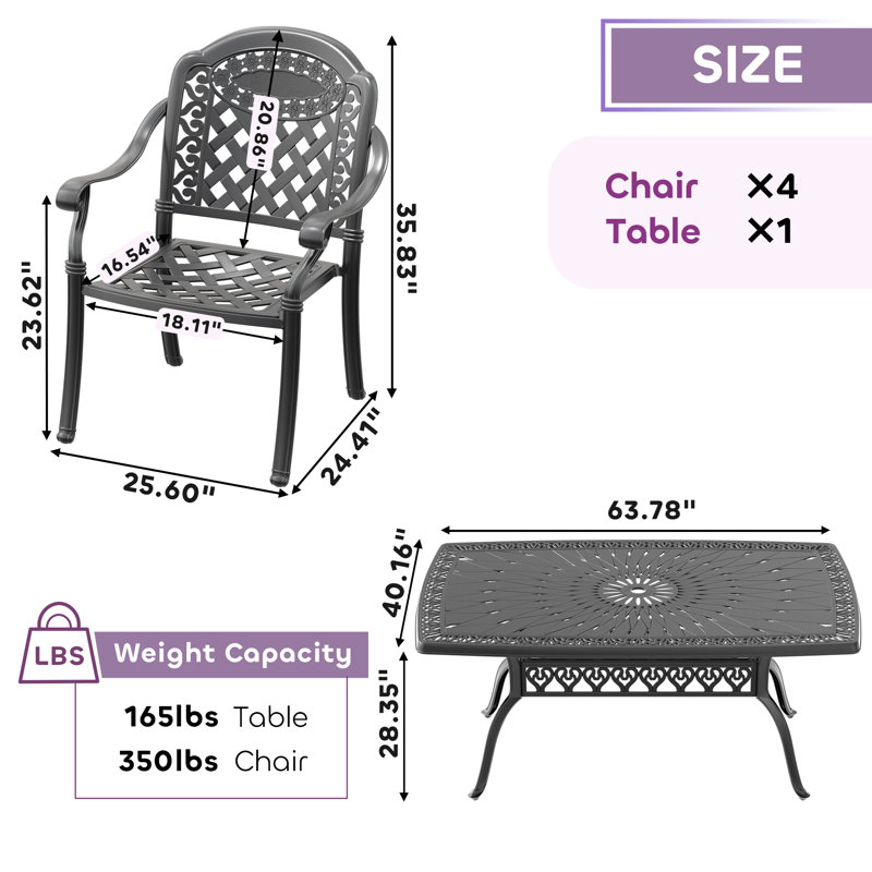 Ensemble de salle à manger d'extérieur en fonte d'aluminium avec trou pour parasol et coussins de couleur rouge L 63,78 po x l 40,16 po Estrid