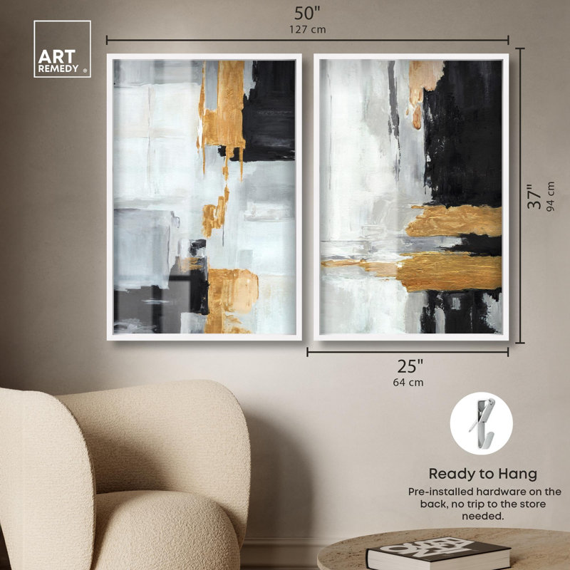 Ensemble d'art abstrait à baldaquin équilibré doré par Art Remedy, cadre blanc, 24 x 36, H 37 po x l 25 po, Cadre blanc