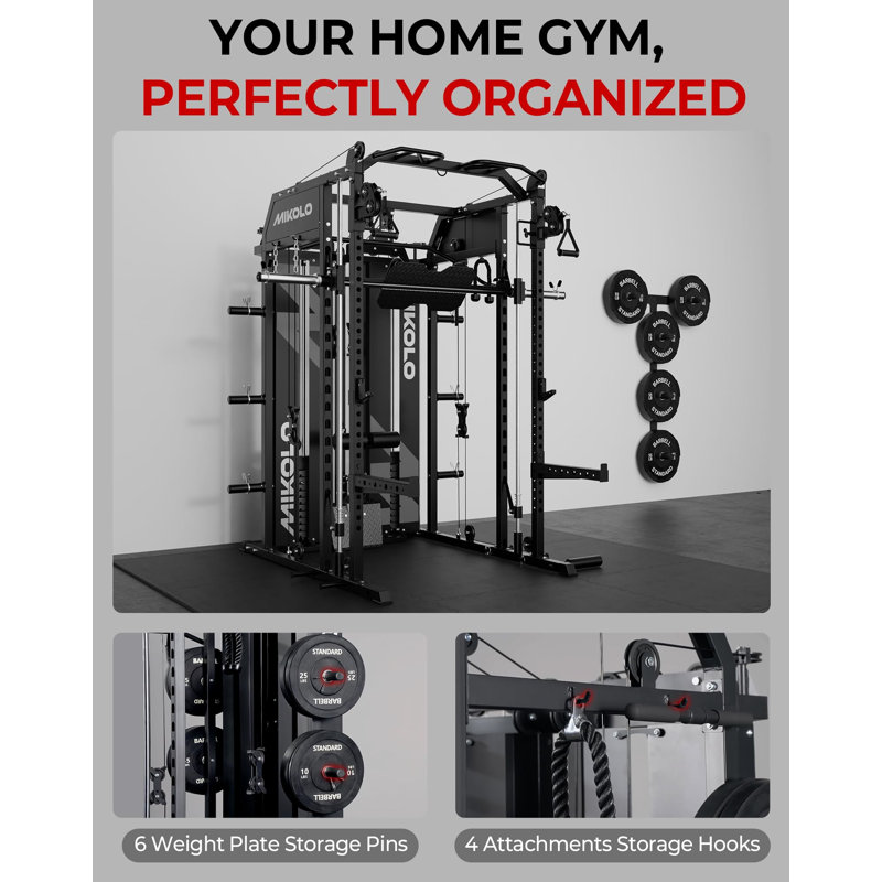 MIKOLO 68.1 x 56.8 Black Cable & Functional Trainer Gyms with 10 and Handle(s),Weight Plates,Resistance Bands / Tubes,Pull-Up / Dip Bars,Ankle Straps,Pulley(s)