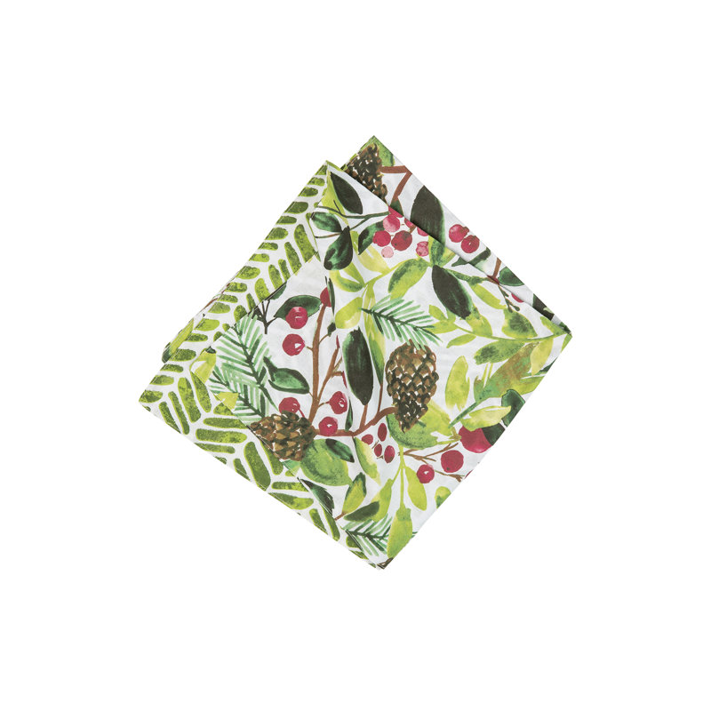 Tyson Pines Botanical Reversible Green Watercolor 20" X 20" Machine Washable Dinner Cloth Napkin Set Of 6