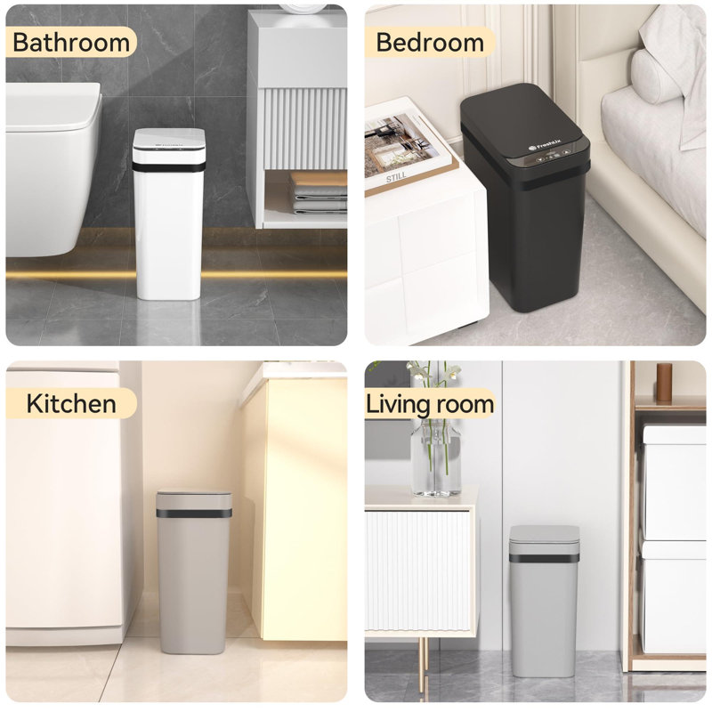 Ensemble de 3 petites poubelles de salle de bain 2,6 gallons à capteur de mouvement automatique sans contact avec couvercle pour la cuisine, le bureau et la chambre à coucher