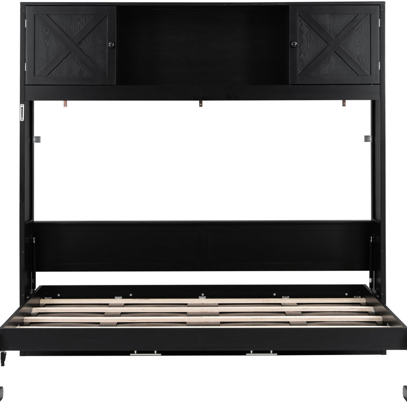 Lit double noir avec 3 armoires de rangement pour lunettes de soleil et portefeuilles, construction en bois de pin fiable, lit pliant Tiny Homes, embellissement en forme de X, bois massif, facile à monter