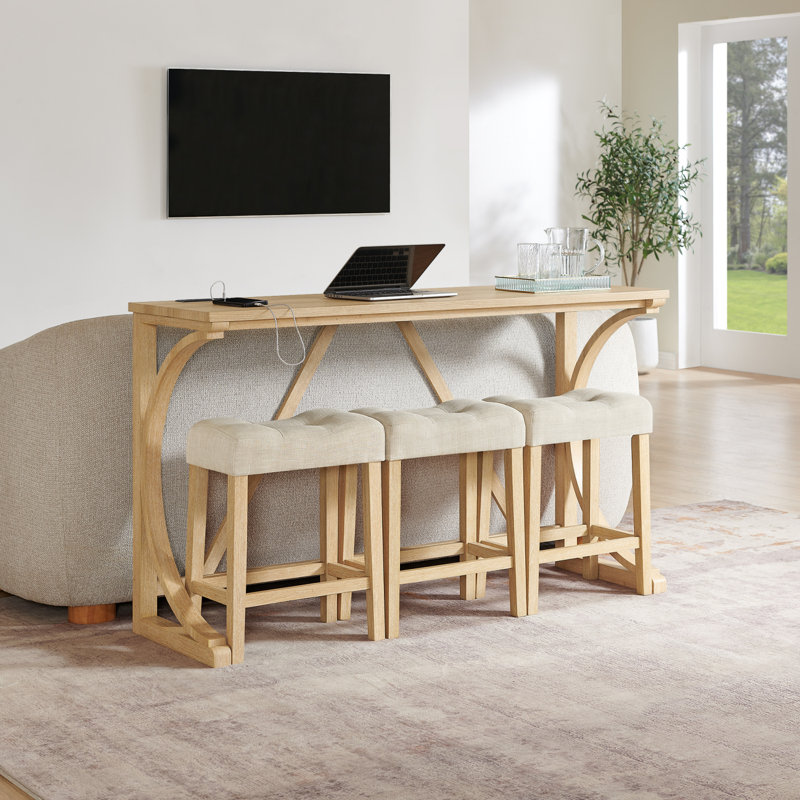 Ensemble de table multifonction 59 po avec station de charge intégrée et trois tabourets rembourrés, Chêne clair, Chêne clair