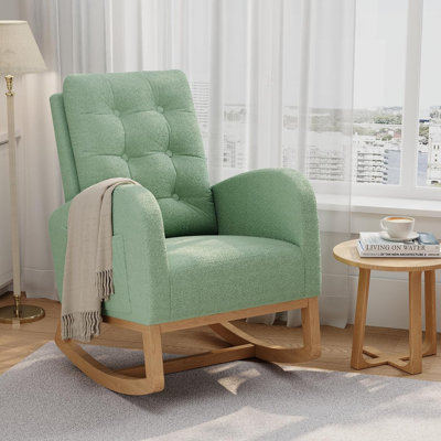 Chaise berçante en laine d'agneau vert clair - dossier haut, pieds en bois robustes, fauteuil coulissant moderne avec poche latérale, revêtement en molleton doux, assemblage facile, laine d'agneau vert clair sans