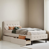 Twin Size Upholstered Platform Bed Frame with 2 Drawers