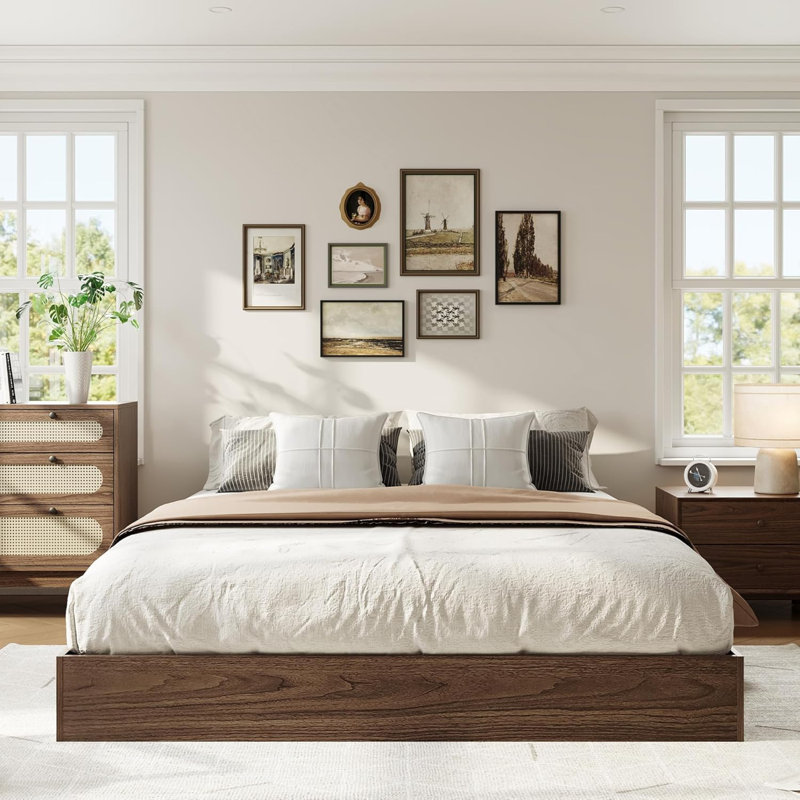 Wood Platform Bed Frame, Wooden Bed Frame Without Headboard, Brown, Queen