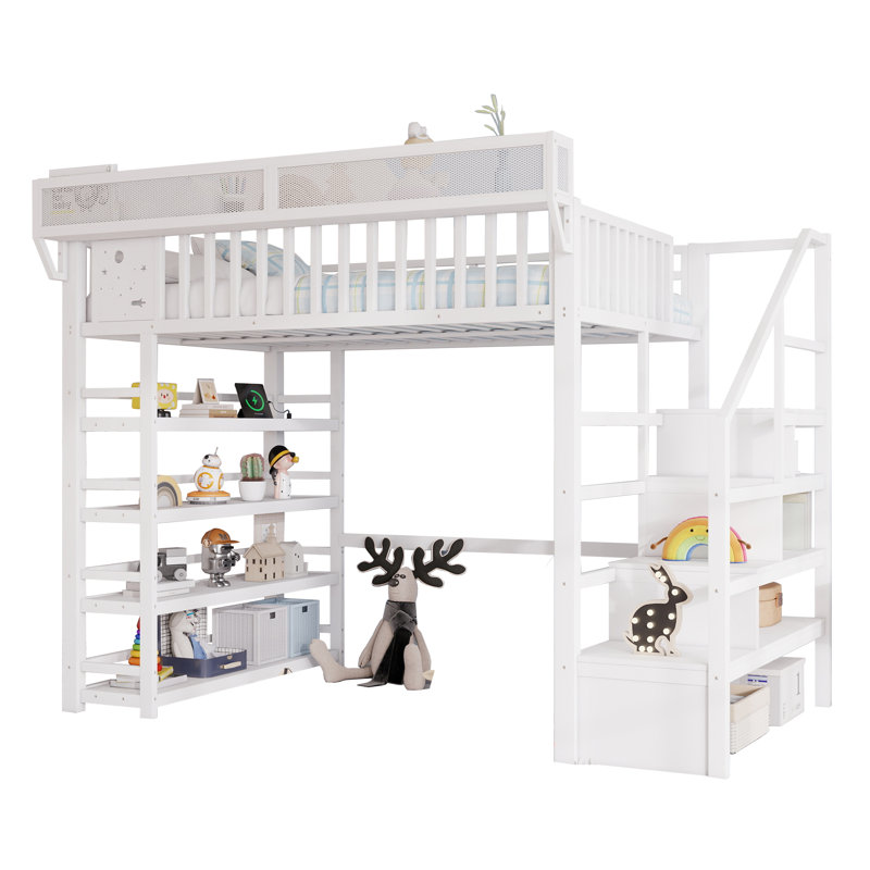 Full Metal Loft Bed with Stairs Storage, 4-Shelf Rack & Charging Station for Kids & Teens, White