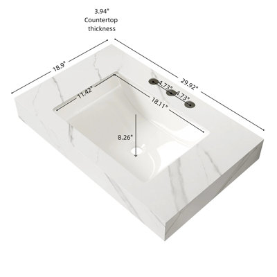 Comptoir en pierre frittée blanche de 30 po et lavabo encastré en céramique avec trois trous de robinet pré-percés standard, sans armoire, sans robinet et couvercle d'évier