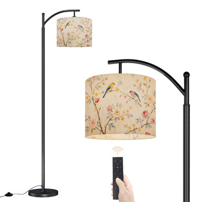 Arc Floor Lamp Soft Floral Garden Yellow Pink Birds Branches Floor Lamps with Remote LED Lights Adjustable Lamp Shades Tall Standing Lamps for Reading Office Living Room