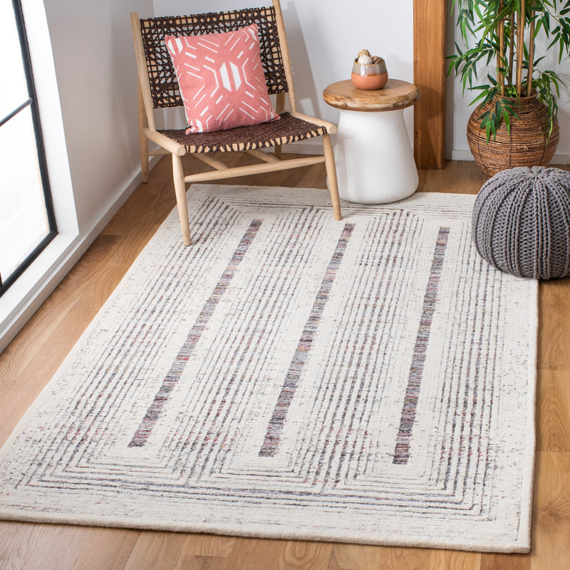Binyomin Geometric Handmade Tufted Wool Red/Ivory Area Rug, Rectangle 5' x 8'
