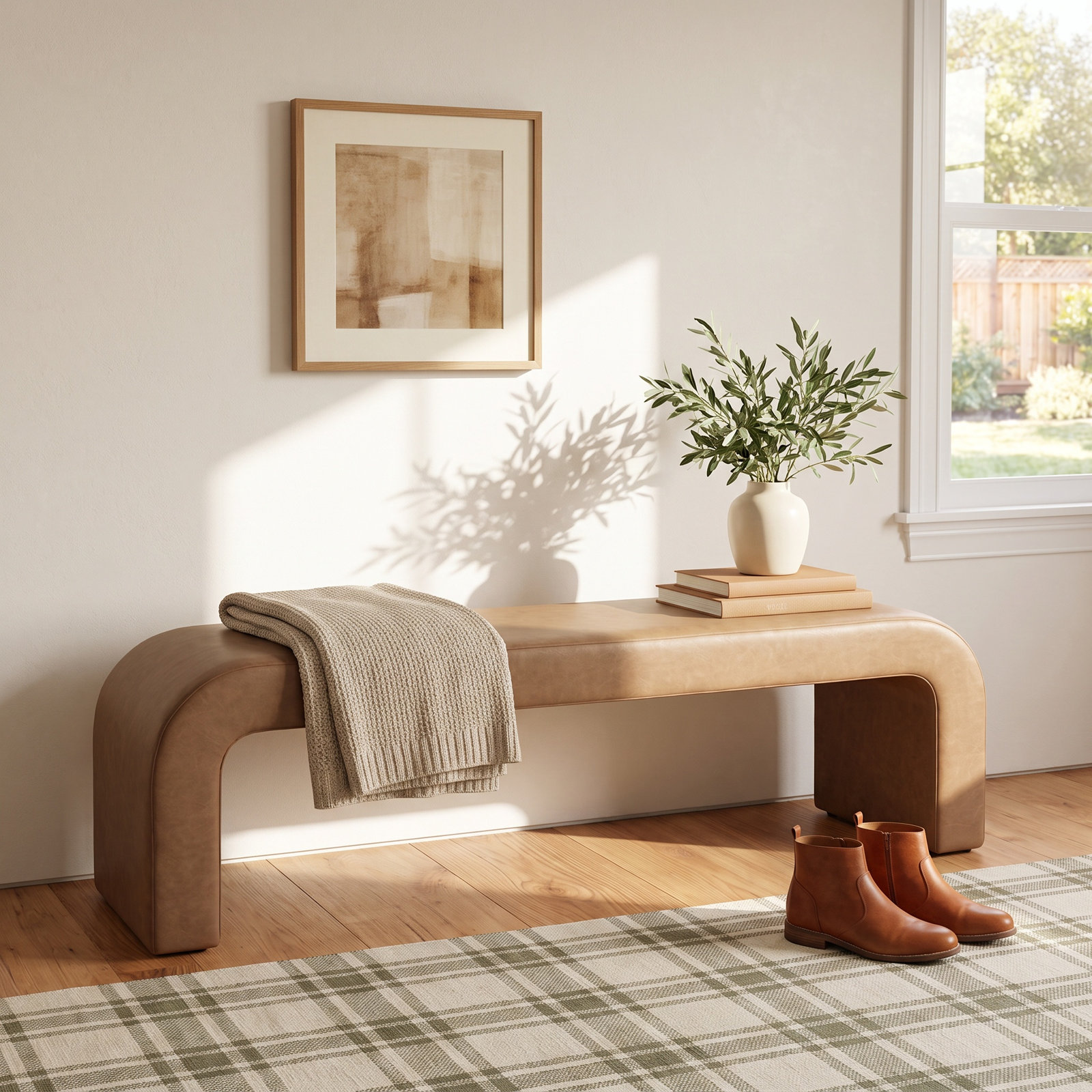 Daine 62" Linen Bedroom Bench, Camel Vegan Leather