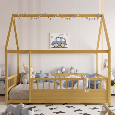 Floor Wooden Bed With House Roof Frame And Fence Guardrails, Perfect For Children's Safety And Comfortable Sleep
