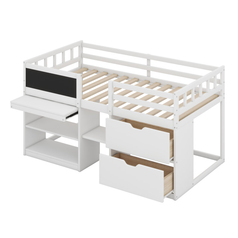 Lit mezzanine bas avec bureau roulant, tablette et tiroirs, blanc
