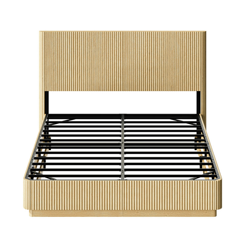 Fluted Bed Frame with Smart LED Lights and Tall Headboard, Platform Bed with Metal Support Slats, Weight Capacity 1000 lbs, No Box Spring Needed, Oak, Queen