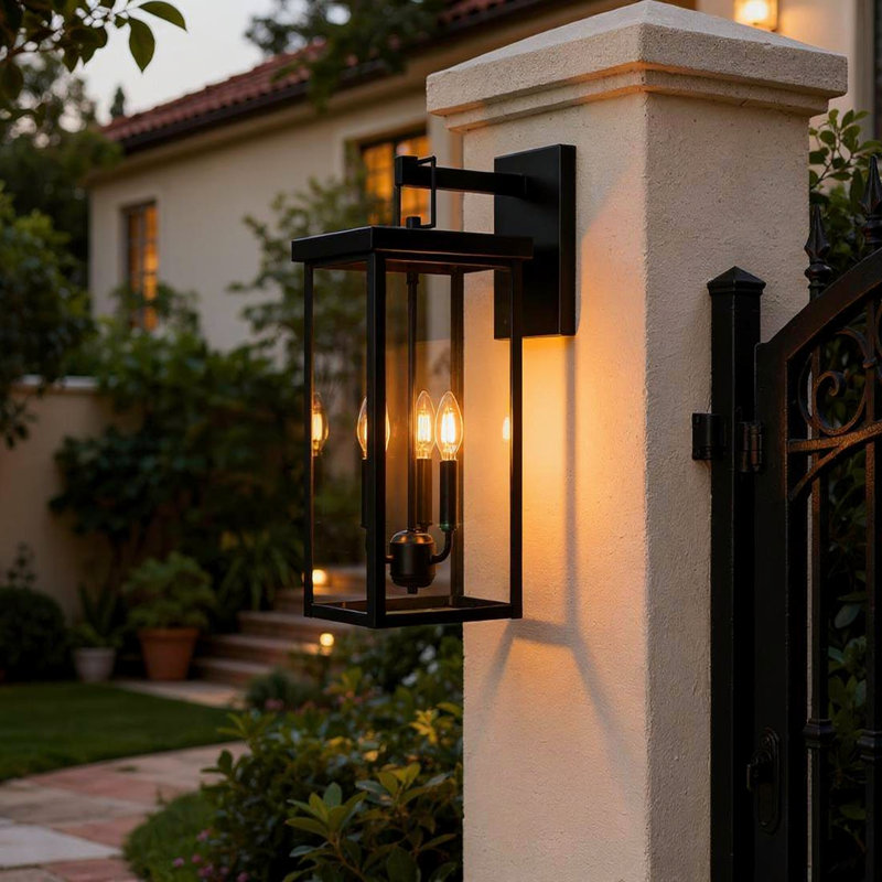 Transparent Glass Black 3 Light Outdoor Lamp, 19.09" H x 7.87" W x 8.66" D, Black