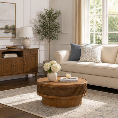 Table basse ronde ronde avec couvercle rabattable, corde de chanvre et rotin