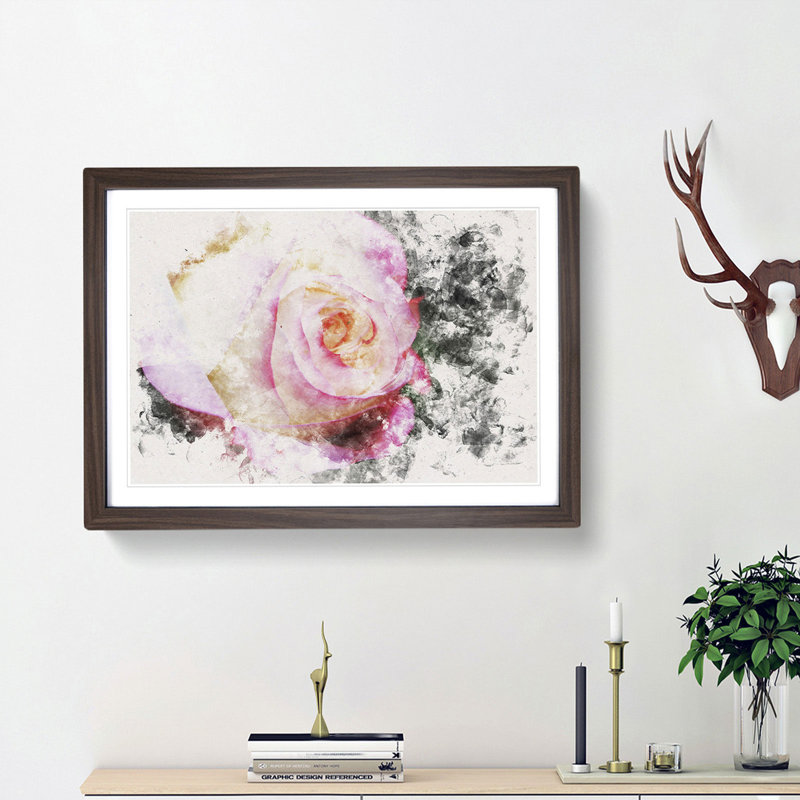 Pink Tipped Rose - Picture Frame Graphic Art Print, 33cm H x 45cm W x 2cm D, Walnut Framed