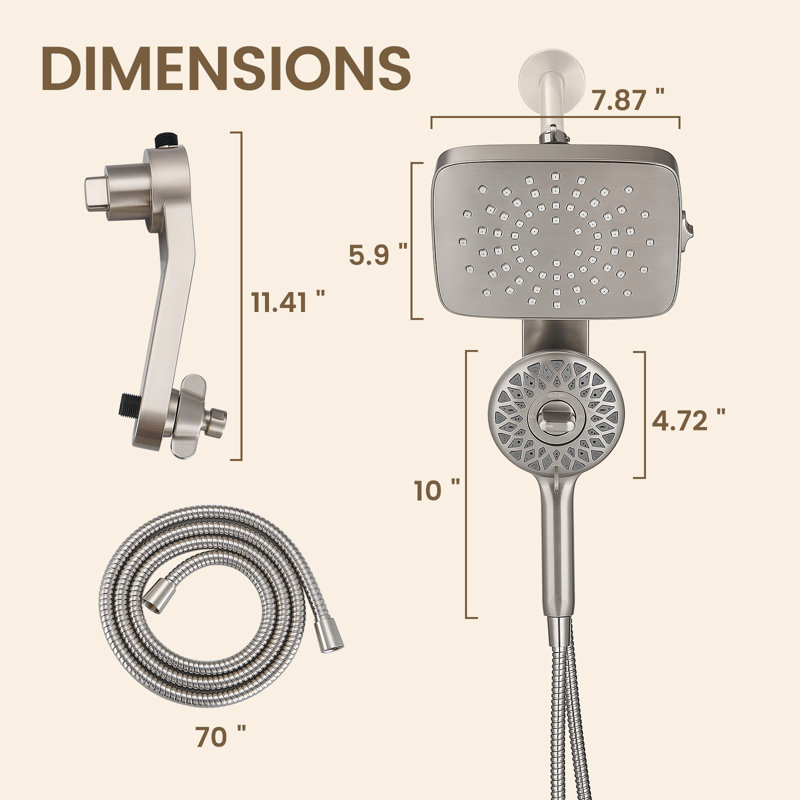 Pomme de douche double magnétique 2 en 1 avec douche à main à 5 jets et tuyau mural de 70 pouces nickel brossé, Nickel brossé
