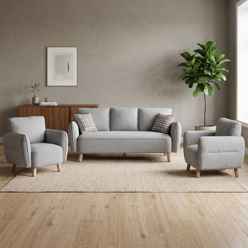 Fixed Sofa Set, 3 Pieces: Sofa, 2 Chairs, Light Grey
