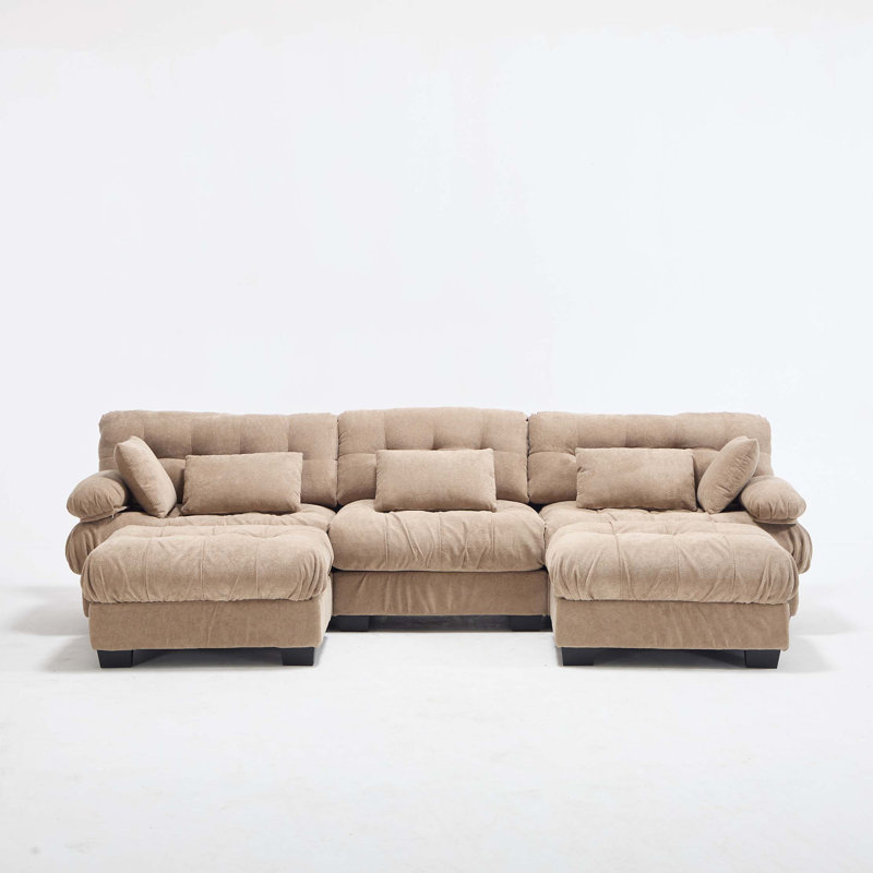 Modern U-Shaped Modular Sectional Sofa with Deep Seats and Round Armrests, 35" H x 123" W x 57" D, Light Brown Fabric