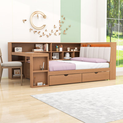 Lit de jour multifonctionnel avec bureau intégré, lumière RVB, tête de lit tapissier et tiroirs de rangement