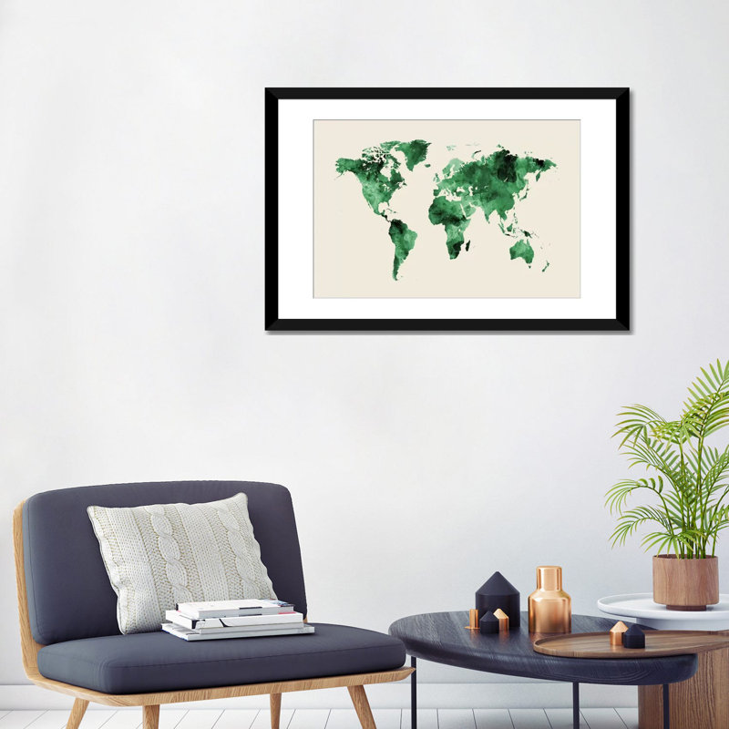 Carte du monde : teintes de vert (l/o antarctique), impression sur toile tendue beige, Papier d'art encadré noir, Blanc