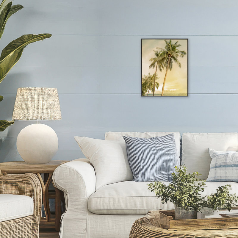 Sunrise Palm Trees, estampe numérique, design par Mike Calascibetta, H 14 po x l 11 po, Giclée encadrée noir minuit