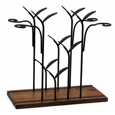 4-Bottle Countertop Wine Rack with Glass Holder, Wood & Metal Freestanding Wine Bottle and Stemware Organizer, Holds 4 Bottles & 4 Wine Glasses for Ki