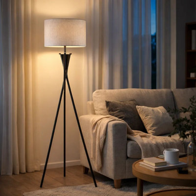 Lampe sur pied avec abat-jour tambour beige, base trépied en métal bronze 65 po