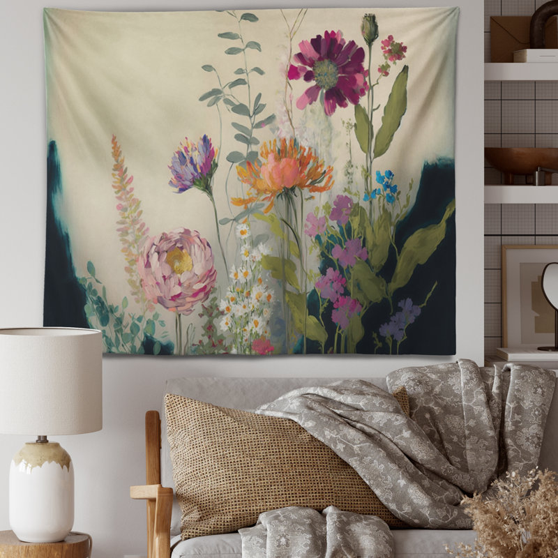Painted Blossoming Wildflowers I Polyester Tapestry, 32" H x 39" W