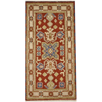 Tapis décoratif en laine rouge de conception unique 2 pi 1 po x 4 pi 1 po noué à la main