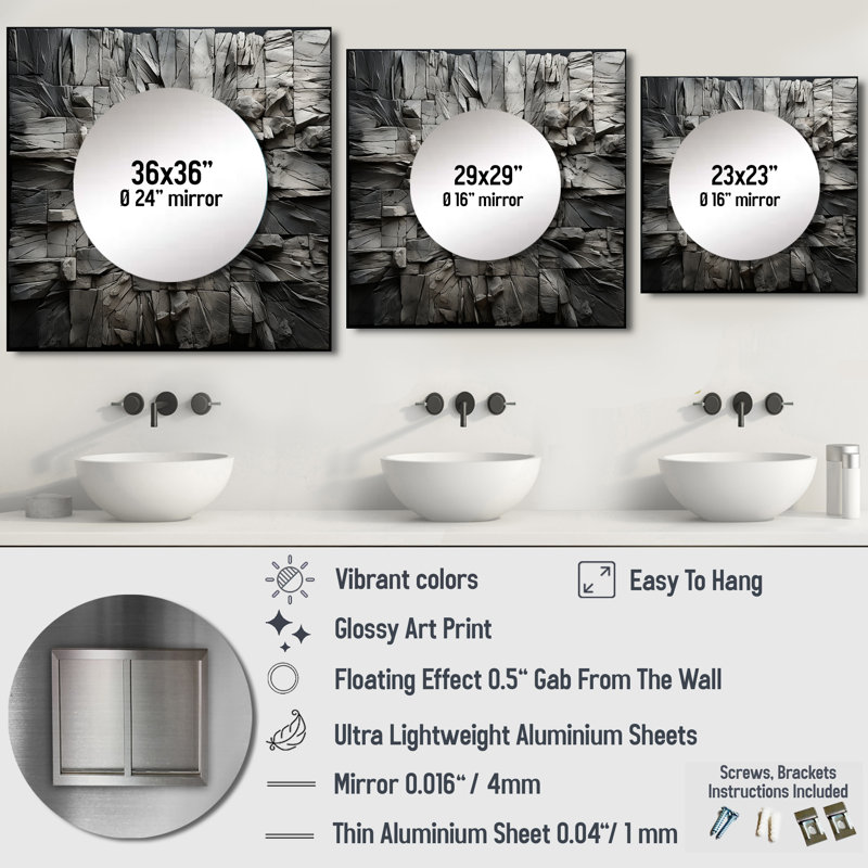 Grand miroir mural carré en pierre pour la chambre à coucher Geremy, 29 po x 29 po